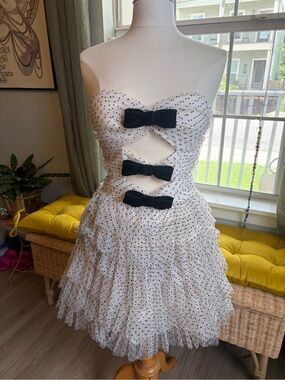 Strapless White Polka Dot Party Dress with Black Bows